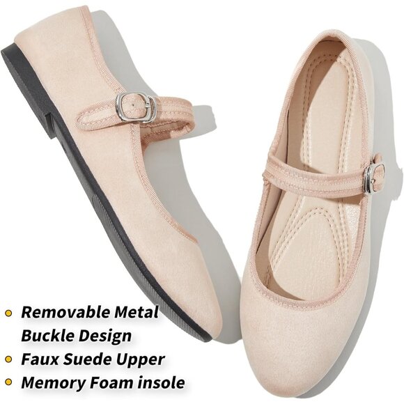 Babudog Womens Nude Faux Suede Rounded Toe Ankle Strap With Buckle Flats - Picture 2 of 9